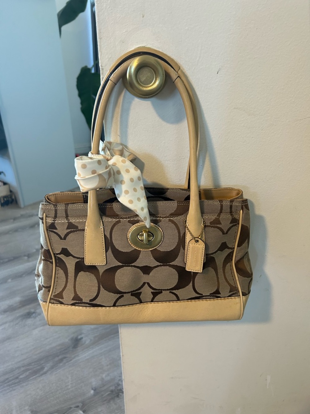 Coach Leather and Canvas Signature Hamilton Satchel in Khaki and Beige